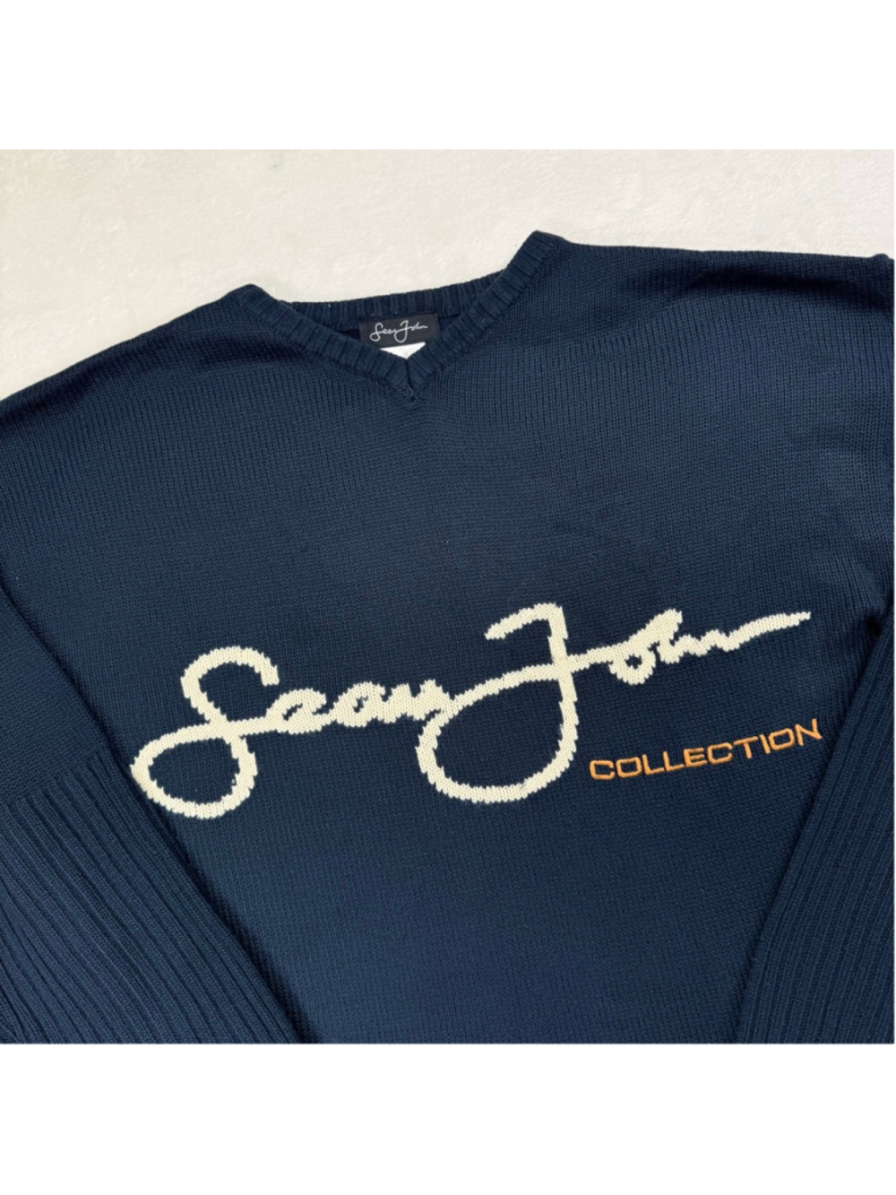 Men's Sean John Vintage 90s V-Neck Sweater XL Navy with White Logo Wool‎ Blend